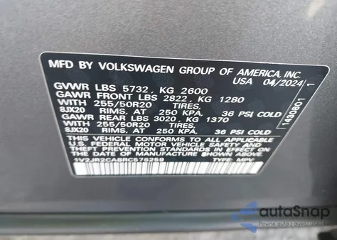 2024 Volkswagen Atlas 2.0T Se W/Technology из США, поврежденный, VIN 1V2JR2CA8RC576259